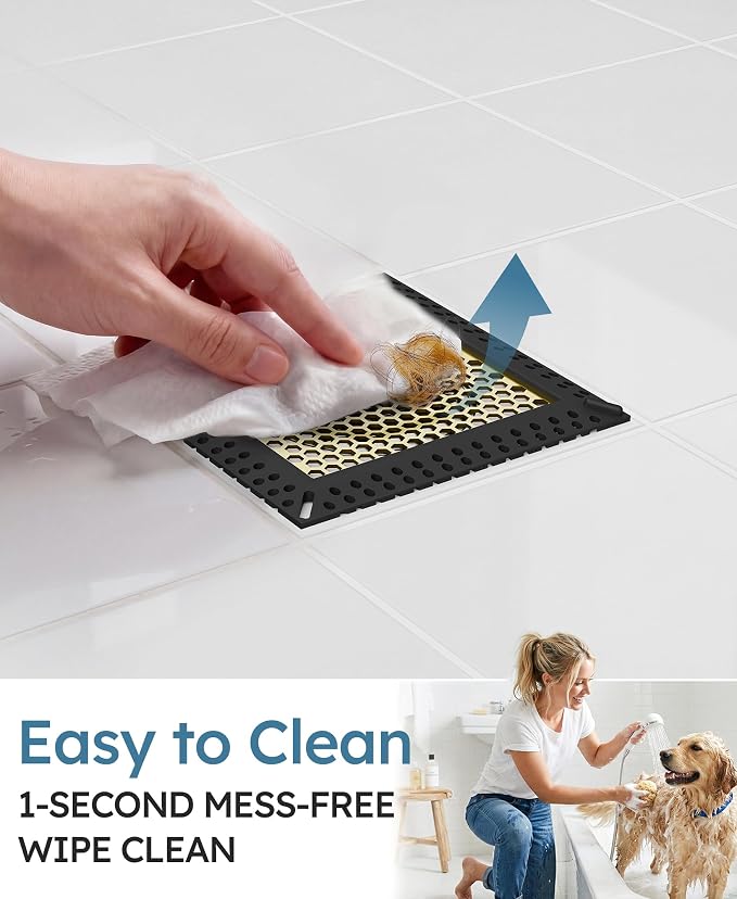 Square Shower Drain Hair Catcher, Anti-Clogging, 4 inch | 304 Stainless Steel and TPE Material/ Not Moving / Easy Clean / Fast Drainage / Fits Bathroom Hair Catcher for Shower