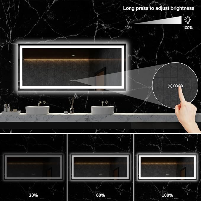 LOAAO 60"X28" LED Bathroom Mirror with Light, UL Listed | Anti-Fog, Dimmable, 3 Color Temperature, Backlit + Front Lit, Memory Function, Tempered Glass