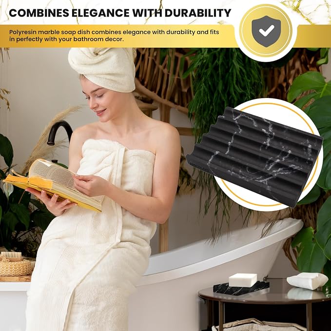 DAYONE Holder with Marble Look - Soap Dish with Soap Saver Ridges Rectangle Bar Soap Holder with Non Slip Feet - Soap Tray for Bathroom, Sink, Kitchen, and SPA (Black)