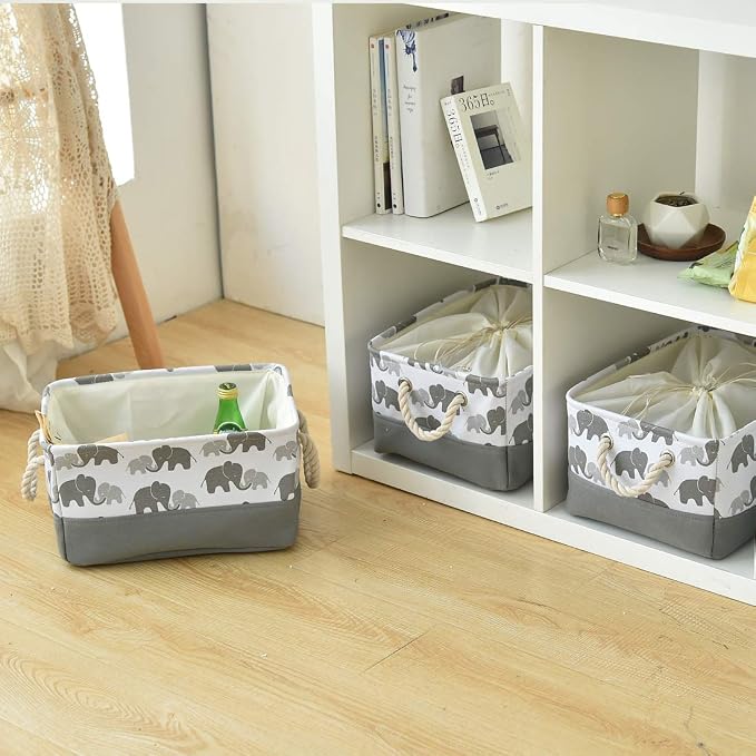 Storage Bins,Fabric Storage Baskets Towel Storage Bin Laundry Toy Basket w Drawstring Closure,Gray Elephant