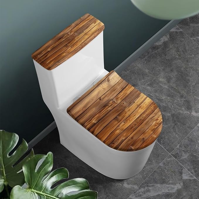 Brown Wooden Toilet Cover Lid Set 2 Pack Toilet Tank Cover Washable Bathroom Accessory Set Fits Most Round,Elongated and Oblong Lids