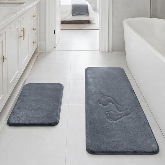 Bathroom Rugs Sets 2 Piece, Non-Slip & Quick Dry Bath Mat Set, Ultra Soft Velvet Bath Rugs for Bathroom, Toilet and Shower Floor, Grey