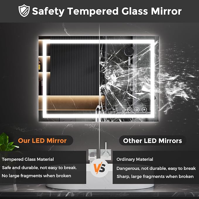 Koonmi 28x20 LED Bathroom Mirror with Light, Anti-Fog, 3 Colors | Backlit + Front Lit, Dimmable Brightness, Shatterproof HD Distortion-Free Tempered Glass, Hardware Included