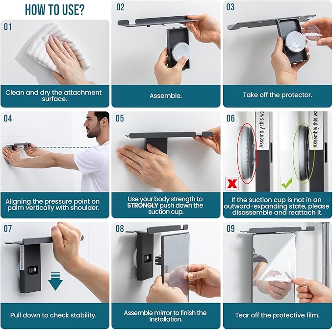 TAILI Shower Mirror Fogless for Shaving,Fogless Mirror for Shower with Tray | Shaving Mirror with Razor Holder, Anti Fog No Drill, Removable, Wall Mounted Bathroom Accessories with Powerful Suction, Grey