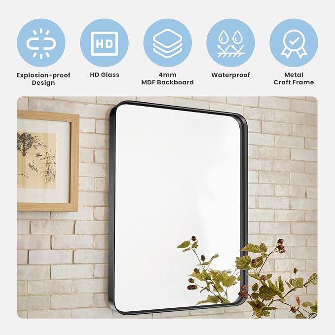40x30 Inch Rectangle Bathroom Mirror for Wall, Matte Black Metal Framed, Bathroom Vanity Mirrors for Restroom Farmhouse, Anti-Rust, Tempered Glass, Horizontally or Vertically Hanging