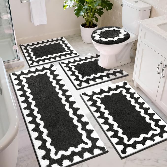 Findosom Bathroom Rugs Sets 5 Piece, Absorbent Soft Non-Slip Bath Rug Set | Washable Microfiber Shaggy Bath Mat Set with Bathroom Runner Rug, U-Shaped Toilet Rugs, Shower Rug & Toilet Lid Cover, Black