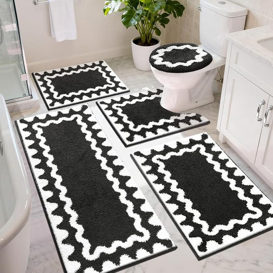 Findosom Bathroom Rugs Sets 5 Piece, Absorbent Soft Non-Slip Bath Rug Set | Washable Microfiber Shaggy Bath Mat Set with Bathroom Runner Rug, U-Shaped Toilet Rugs, Shower Rug & Toilet Lid Cover, Black