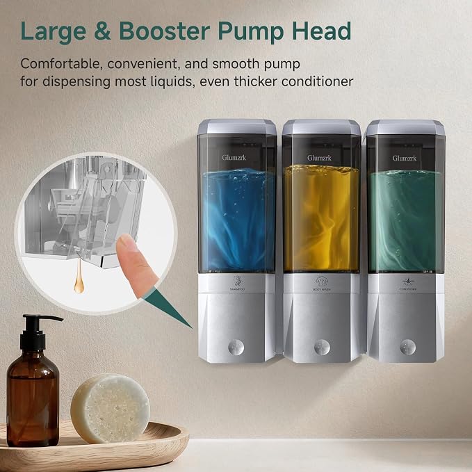 Shampoo and Conditioner Dispenser Wall Mounted No Drill, Shower Soap Dispenser 3 Chamber Shampoo Conditioner Body Wash Refillable 3 * 17oz Shower Soap Dispenser for Bathroom Hotel, Silver+Smoke Gray