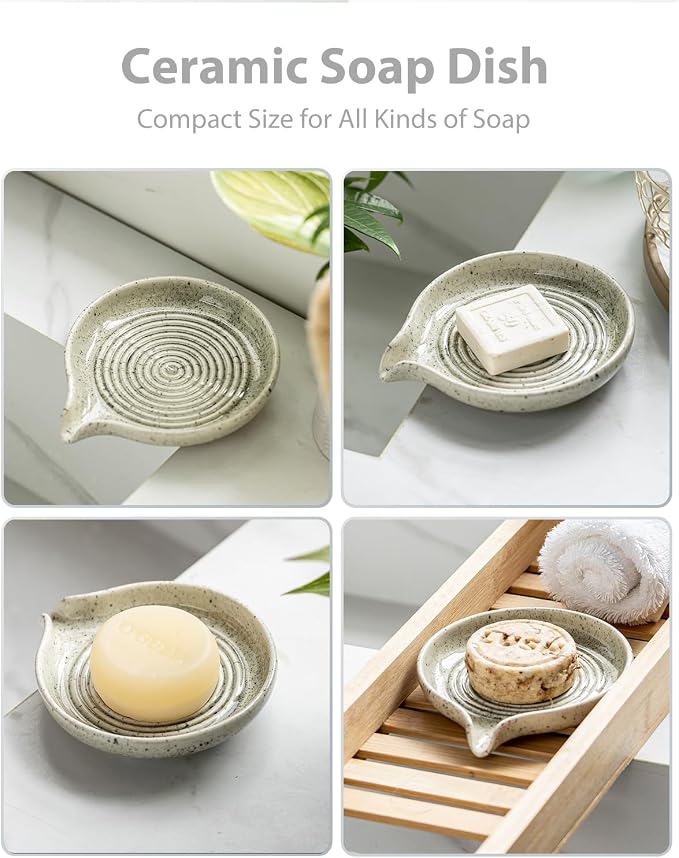 Soap Dish with Self-Draining Design, Ceramic Soap Holder with Drain Spout Soap Tray for Shower, Bathroom and Kitchen Sink, Keep Bar Soap Dry, Speckled Glaze