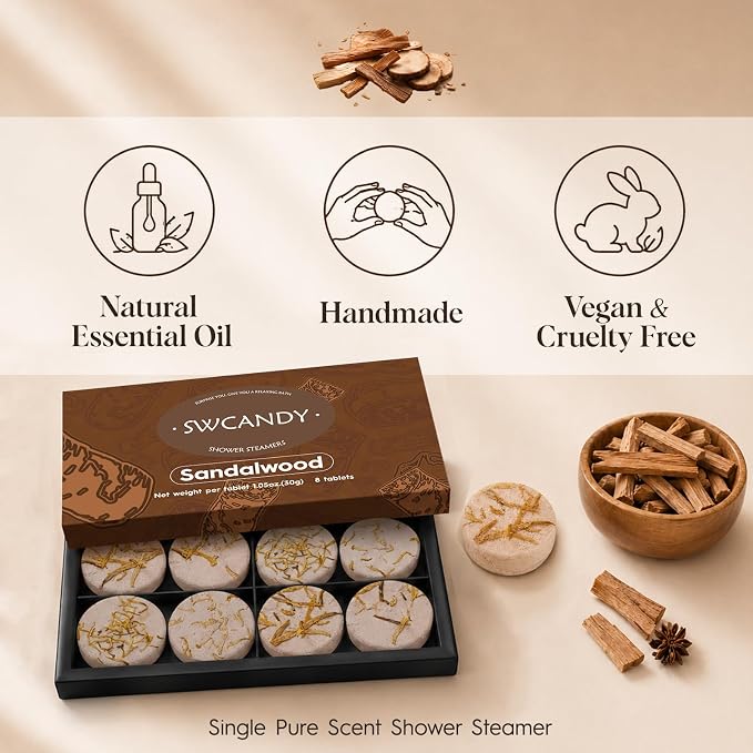 SWCANDY Sandalwood Shower Steamers 8 Pack, Home Spa Self Care | Warm woody aromatherapy with natural essential oils, unisex shower gift for women, men, wife & husband.