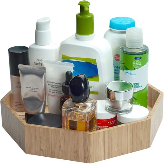 Bamboo 360 Rotating Bathroom Toiletry & Cosmetic Spinning Tray for Countertops and Vanity with Lazy Susan Turntable, 10” Diameter with 2” Ledge