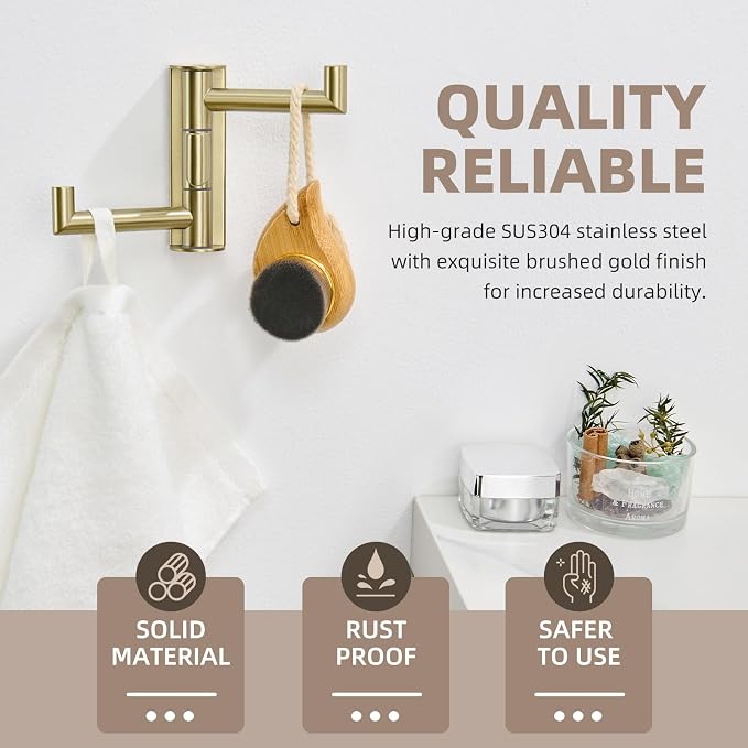 Angle Simple Towel Hook Swivel, SUS304 Stainless Steel 3 Arms Bath Towel Holder, Robe Hook Bathroom Wall, Brushed Gold