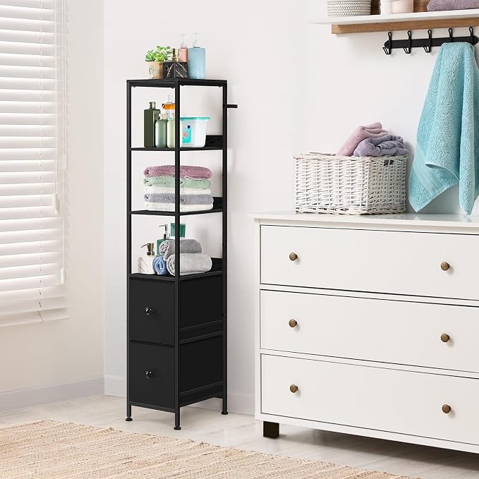 Tall Bathroom Storage Cabinet, 55.9'' Slim Bathroom Floor Cabinet with Fabric Drawers for Small Spaces, Narrow Storage Cabinet Shelves Bathroom Organizer Towel Rack for Living Room, Kitchen, Black