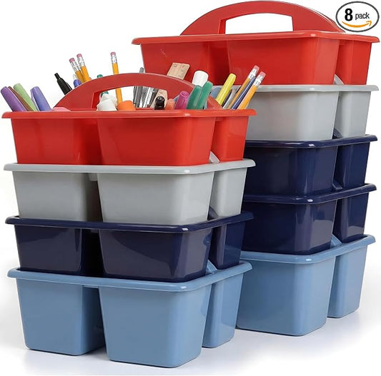 Kathfly 8 Pack Classroom Caddy Organizer with Handle, Plastic Art Craft Cleaning Caddy Bulk, Small Multipurpose Supply Organization Storage Basket for Table Desk Office Pencil Teacher (Blue Red)