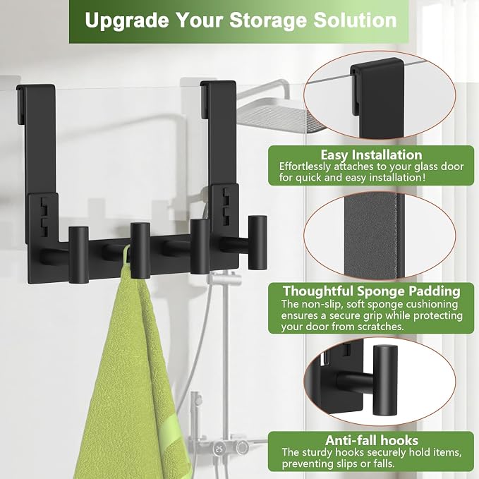 Extended Robe Door Hooks, Heavy Duty Stainless Steel Towel Hooks for Frameless Glass Shower Doors, Towel Hanger Rack, Shower Hooks for Bathroom (Black-4 Hooks, 1 Pack)