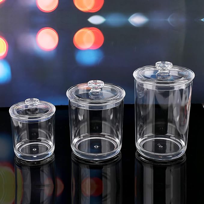 Hipiwe Clear Plastic Apothecary Jars with Lid, Large Size Bathroom Storage Canister Jar Cotton Ball and Swab Organizer Q-Tips Holder, 60-Ounce, 30-Ounce and 15-Ounce, Set of 3 (Pack of 2)