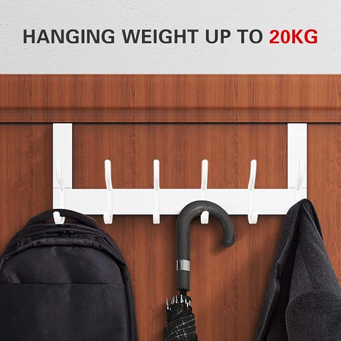 Over the Door 6 Hooks Hanger, White Door Hook for Hanging, Clothes Hooks for Bathroom, Hook Rail
