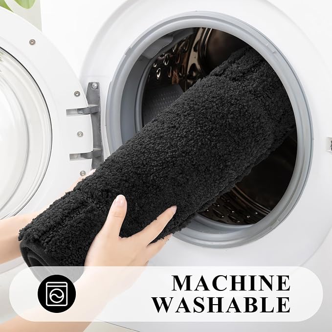 Pauwer Bathroom Rugs Sets 3 Piece, Microfiber Bath Mat Set, Black | Non Slip Washable, Soft Plush, Extra Absorbent Bath Mats, U Shaped Contour Toilet Rug for Bathroom