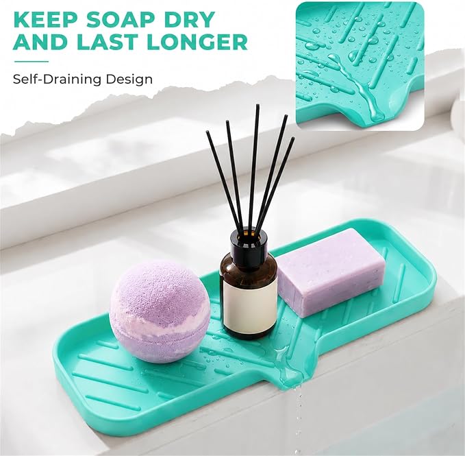 MicoYang Silicone Soap Dish with Drain Spout — Self-Draining Double Sink Organizer Tray for Kitchen & Bathroom, Dispensers, Sponges & Soap Holder, Non-Slip & Dishwasher Safe, Mint (Large, 12"×4")