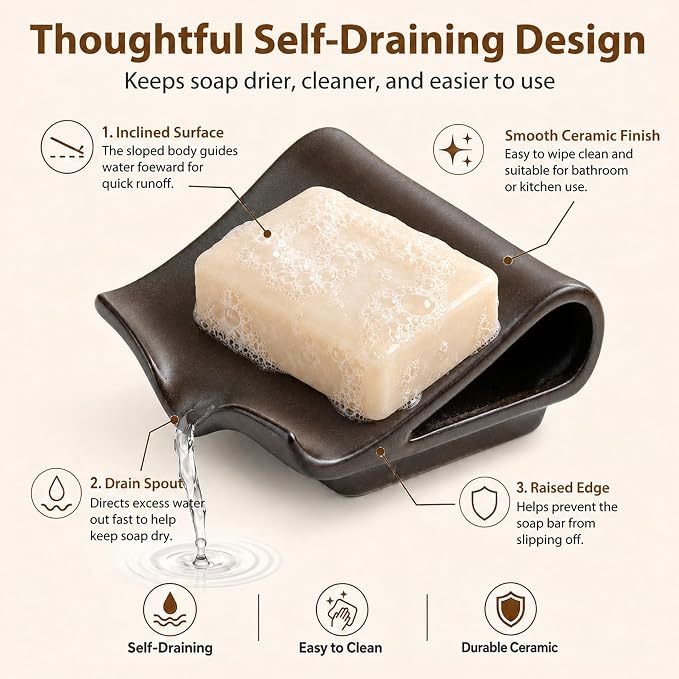 Zoeeker Soap Dish with Drainage, Ceramic Self-Draining Bar Soap Holder | Waterfall Design Soap Drying Tray for Bathroom, Kitchen, Sink, Soap Saver Keep Dry, Extends Soap Life, Black-Brown Glaze