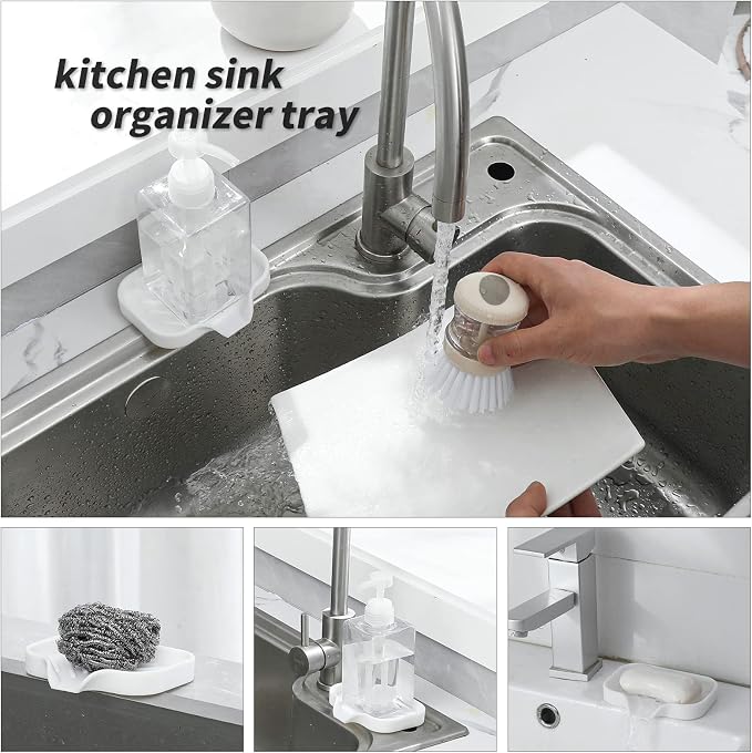 MicoYang Silicone Soap Dish with Drain Spout, Self-Draining Sink Organizer Tray for Bathroom and Kitchen, Sponges, Dispensers and Soap Holder, Non-Slip and Dishwasher Safe, White (Compact, 4.9"×3.2")