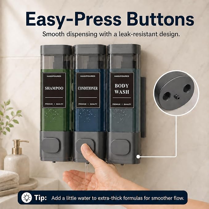 Shampoo and Conditioner Dispenser – Wall-Mounted Shower Soap Dispenser, No-Drill Installation, Lockable, 900 ml Capacity,for Bathroom & Hotel or Airbnb (Gun Gray, 3-Pack)