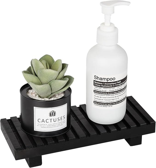 Bathroom Tray Rustic Farmhouse Bathroom Decor Wood Display Stand Riser Kitchen Soap Dish Holder for Vanity, Countertop, Sink, 8.6 * 3.6 Black