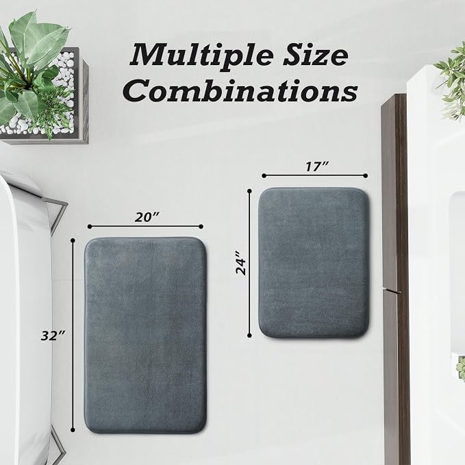 Bathroom Rugs Sets 2 Piece, Non-Slip & Quick Dry Bath Mat Set, Ultra Soft Velvet Bath Rugs for Bathroom, Toilet and Shower Floor, Grey