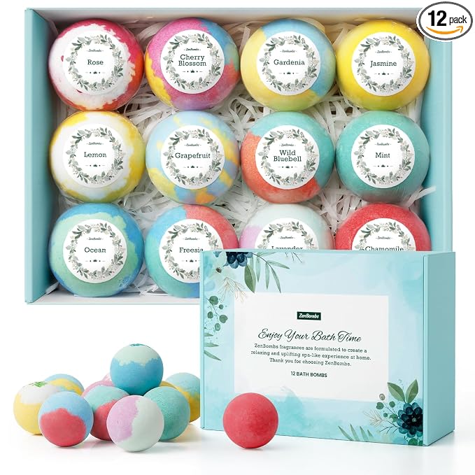 ZenBombs Bath Bombs for Women, Handmade Natural Bath Bomb with Shea Butter | Mothers Day Presents for Mom, Valentines Day Presents for Her and Him, White Elephant, Stocking Stuffers (12pcs)