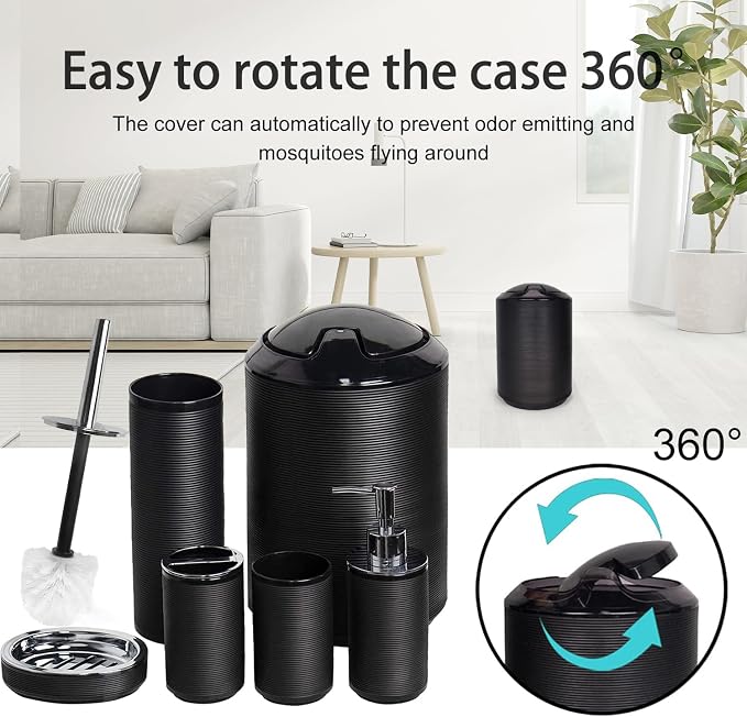 CERBIOR Bathroom Accessories Set 6 Piece Spiral Pattern Bath Ensemble,Black | Includes Soap Dispenser, Toothbrush Holder, Toothbrush Cup, Soap Dish for Decorative Countertop and Housewarming Gift