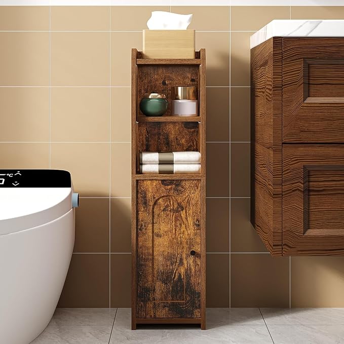Hzuaneri Bathroom Storage Cabinet, Corner Floor Cabinet with Doors and Adjustable Shelf, Narrow Toilet Paper Cabinets, Bathroom Organizer for Small Spaces, Brown BC19701X