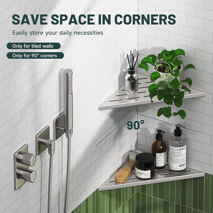 10" Corner Shower Shelf, 304 Stainless Steel Slot Design Bathroom Shower Shelf, Recessed Corner Shelves for Tiled Wall, Brushed Nickel, 2 Pack