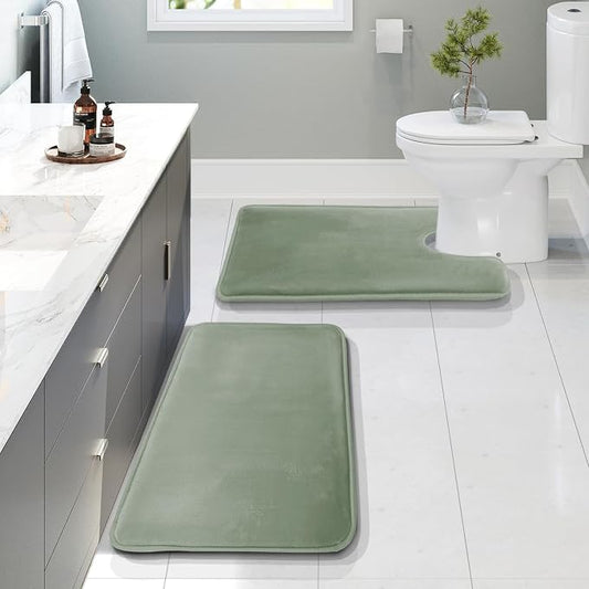 Clara Clark 2 Piece Bathroom Rugs, Velvet Memory Foam Bath Mat Set, Non-Slip Bath Rugs, Machine Wash, Dries Quickly, Ultra Soft Plush Bath Mats for Bathroom, 17 x 24 + Contour, Ice Green