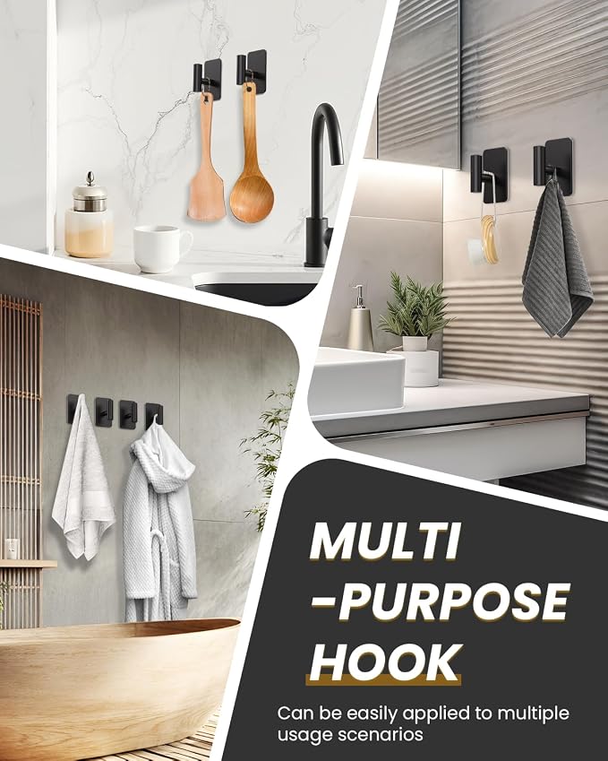 Heavy Duty Adhesive Hooks - 26lb Max, Sticky Wall Hooks Waterproof Stainless Steel for Hanging Towel, Coat, Robe, Towel Hooks Stick on Bathroom, Kitchen, Shower, Door (Black, 2 Pack)