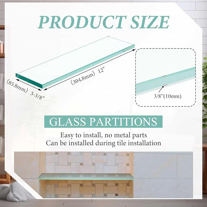 Teenyyou 2 Pcs 3-3/8" x 12" 3/8" Thick Tempered Glass Shelf Clear Flat Polished, Flush-Mounted Floating Shelf for Bathroom Essentials & Shower Niche No Mounting Hardware Required