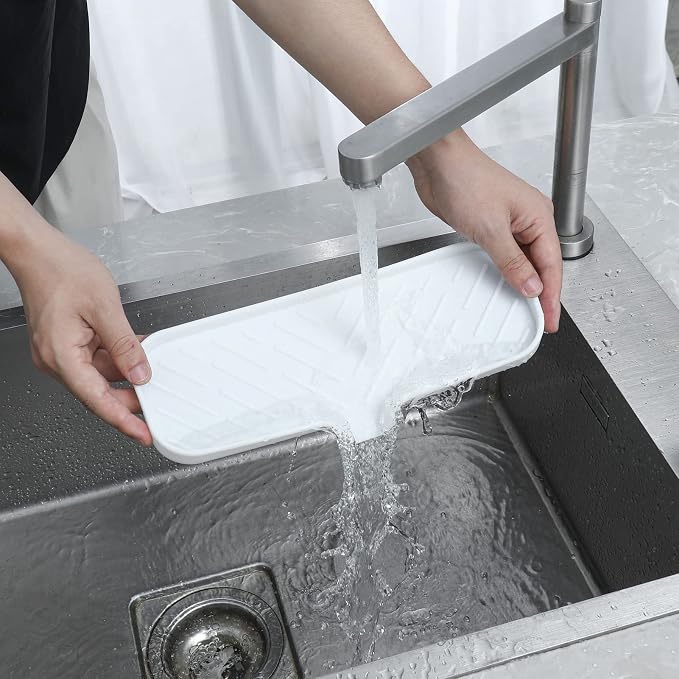 MicoYang Silicone Soap Dish with Drain Spout — Self-Draining Double Sink Organizer Tray for Kitchen & Bathroom, Dispensers, Sponges & Soap Holder, Non-Slip & Dishwasher Safe, White (Large, 12"×4")