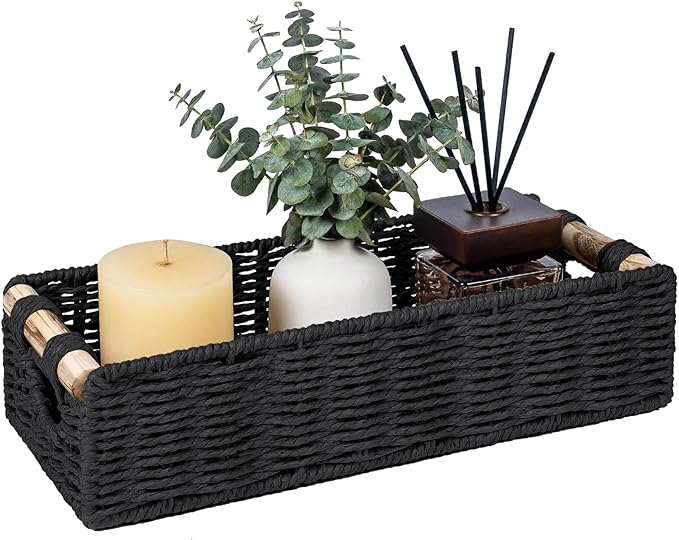 CubesLand Back of Toilet Storage Basket for Organizing w/Cut Out Handle, Handwoven Toilet Tank Top Paper Baskets, Wicker Decorative Basket for Countertop, Home Decor, Living Room, Nursery, Black