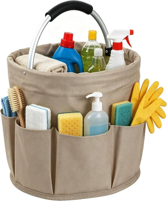 17L Cleaning Supply Caddy with Soft Handle, Portable Shower Caddy in 600D Oxford Fabric, Garden Tool Organizer Bag, Multifunctional Storage Basket for Bathroom, Garden, Khaki