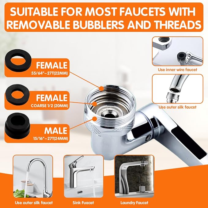 Premium Brass 1440° Swivel Faucet-Extender Sink Aerator,2 Mode Splash Filter with Adjustable Rotating Arm,Complete Installation Kit&Adapters Help Fit Bathroom&Kitchen Sink-Wash Hand/Hair/Face