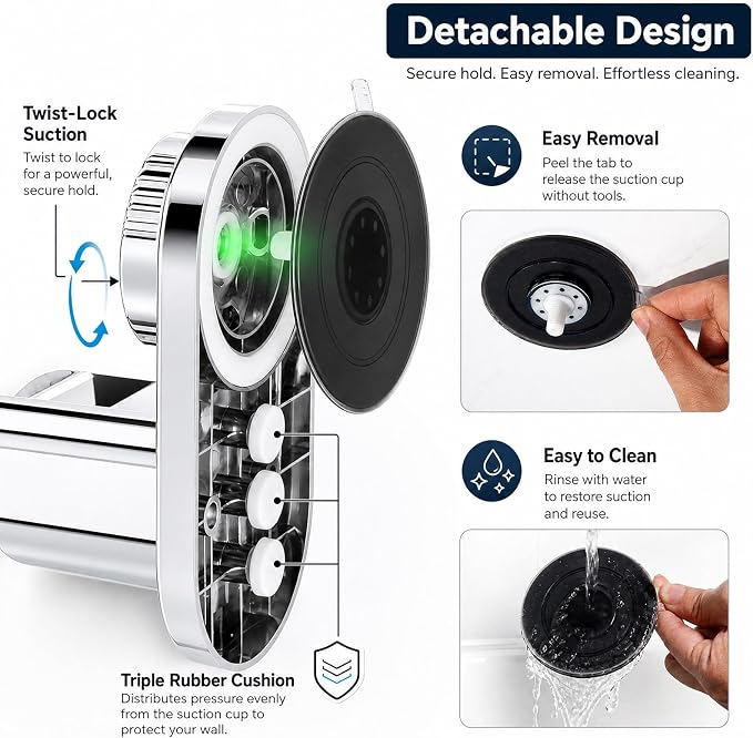 Suction Cup Handheld Shower Head Holder - 90 Degree 5 Angles Adjustable - Wide Input - Fits Heavy Shower Sprayer -Wall Mount Shower Hose Holder
