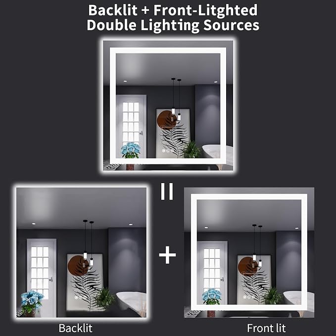 LOAAO 38"X38" LED Bathroom Mirror with Lights, Anti-Fog, Dimmable, Backlit + Front Lit, Lighted Bathroom Vanity Mirror for Wall, Memory Function, Tempered Glass, Shatter-Proof, ETL Listed | Anti-Fog, Dimmable, 3 Color Temperature, Backlit + Front Lit, ...