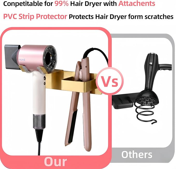 Hair Dryer and Straightener Holder, Hair Tool Organizer Wall Mount for Bathroom, Blow Dryer Holder Adhesive/Drilling HairDryer Stand, Stainless Steel Straightener Holder Gold UEMUSI