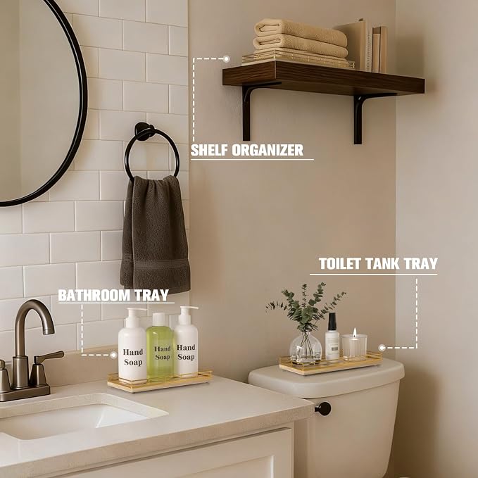 Bathroom Vanity Tray for Countertop, 12" x 6" Oak Wood Toilet Tank Tray with Metal Guardrail, Bathroom Organizer for Soap, Perfume & Skincare, Non-Slip Decorative Tray for Dresser, Gold & Natural Oak