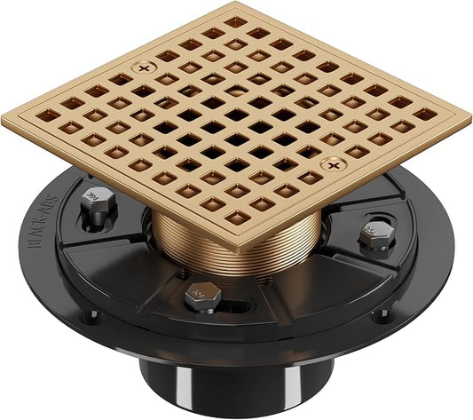 Champagne Bronze 4 Inch Shower Floor Drain with Flange - Square Shower Drain with Hair Strainer - Removable Strainer Cover - SUS304 Stainless Steel - Antique Brass