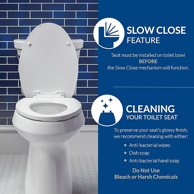 Mayfair Linden Slow Close Toilet Seat, Non Slip Heavy Duty Wood, Easy Install, Made in USA, Elongated, White, 4 Pack