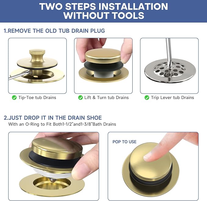 Brushed Gold Upgraded Tip Toe Tub Stopper, Universal Pop Up Bathtub Drains Plug, Bathroom Bath Tub Drain Stoppers, Replaces Lift and Turn, Tip-Toe and Trip Lever drains for Tub, Easy Install