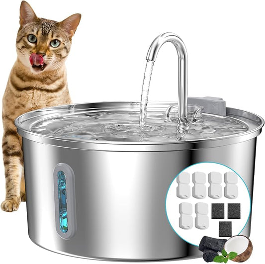 108oz/3.2L Cat Water Fountain Stainless Steel with 6 Filters 3 Sponges | Pet Fountain for Drinking with Water Level Window, Ultra Quiet Pump, Kitty Spout, Automatic Cat Feeding & Watering Supplies