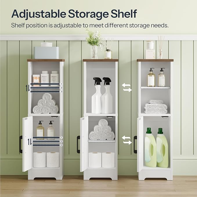 HOOBRO Small Bathroom Storage Cabinet, Farmhouse Corner Floor Storage Cabinet with 2 Doors and Adjustable Shelves, Toilet Paper Cabinet for Small Spaces, 8.3" D x 8.3" W x 30.7" H, White and Walnut