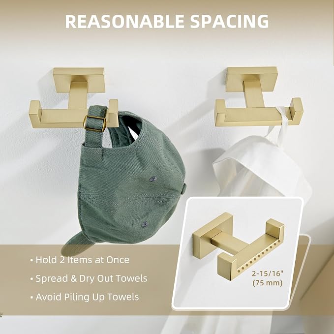 Angle Simple Double Towel Hook, SUS304 Stainless Steel Hand Towel Holder, Bathroom Robe Coat Hook for Wall, Brushed Gold, 2 Pack