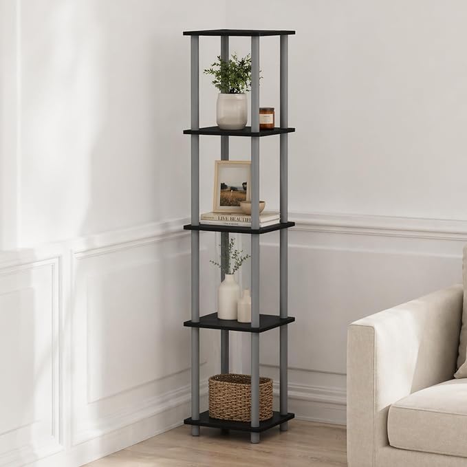 Furinno Turn-N-Tube Storage Shelves, 5-Tier Square Book Shelf, Corner Shelf, Toolless Open Shelves, Round Tubes, for Organization and Storage, Living Room, Garage, Home Office, Black